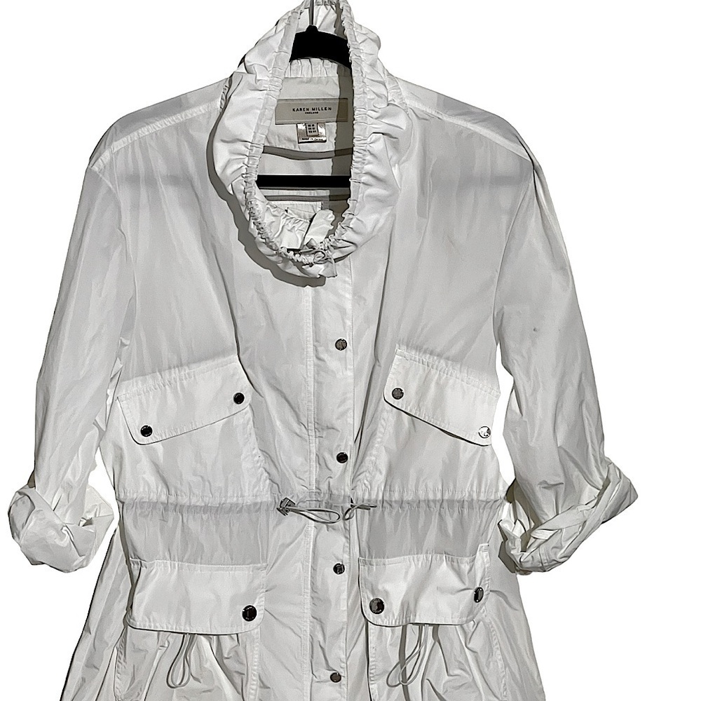Karen Millen White Nylon Zip & Snap Front Windbreaker Rain Jacket Size 12 - Picture 6 of 8